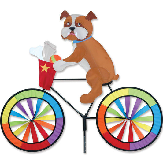 Premier Kites 30 inch Brown and White Bulldog Riding a Bicycle Wind Spinner Part Number 26724